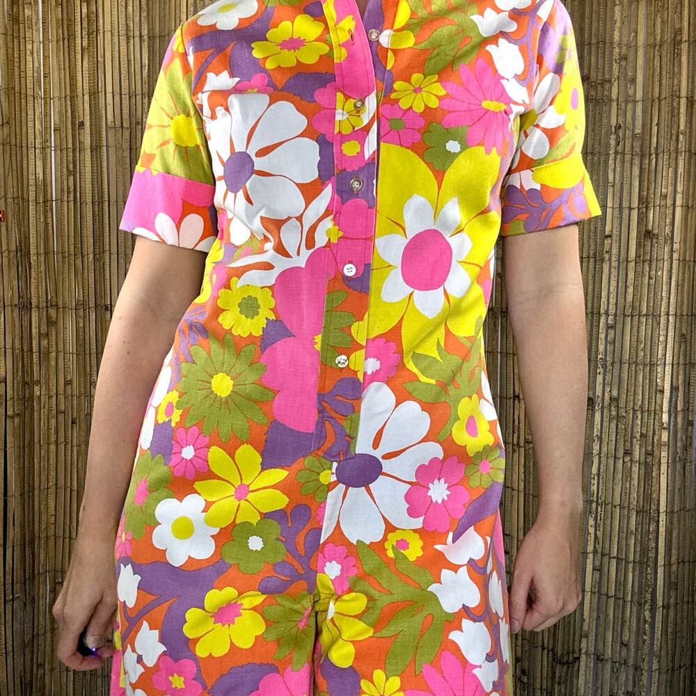 Vintage 1960s Lady Wrangler Floral Canvas Romper Jumpsuit Mod Pink Yellow - Picture 6 of 13